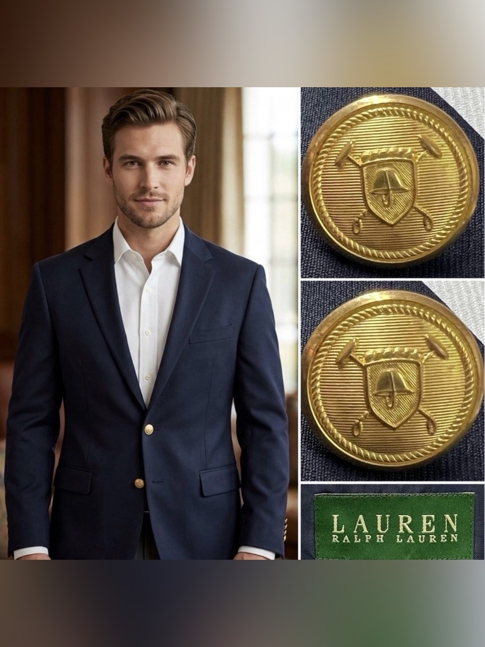 Ralph Lauren Men's 40L Navy Blue Gold Button Wool Blazer Jacket Sport Coat